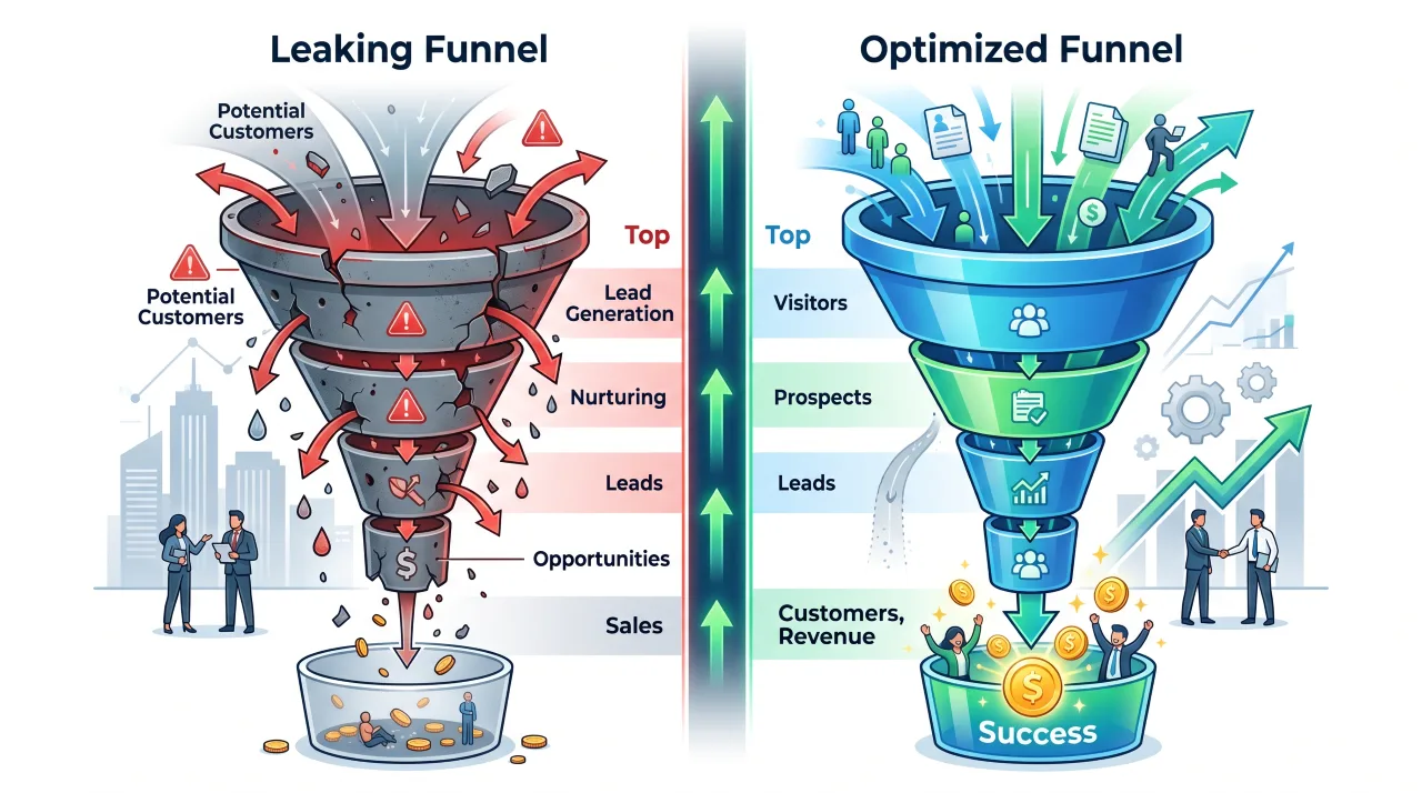 Comparison of leaking funnel and optimized funnel showing reduced ad waste and better conversions