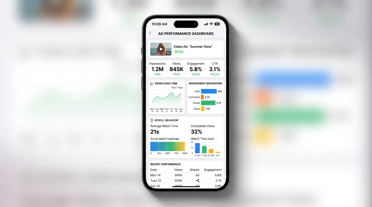 Mobile ad performance screen showing engagement metrics and user interaction data