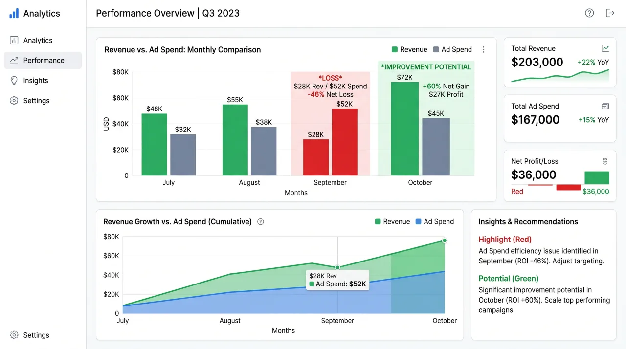 Ad spend versus revenue dashboard highlighting wasted budget and improvement potential