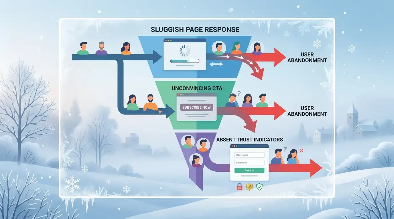 Common causes of sales funnel leaks including slow pages and weak call to action