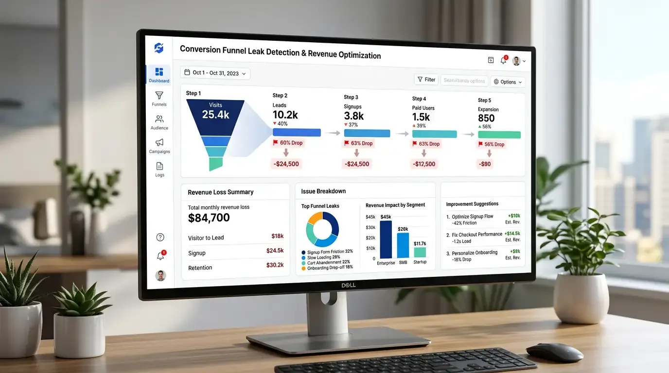 AdWasteFix dashboard showing funnel leaks and revenue loss with actionable fixes